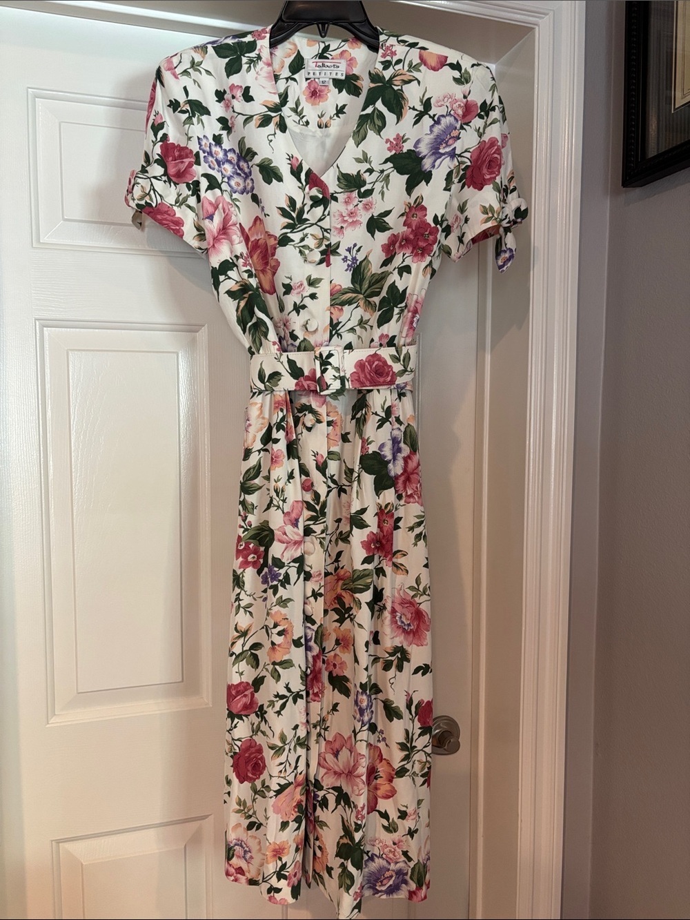 Talbots Cream Floral Midi Dress with Pink & Green Print